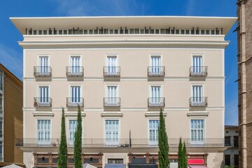 Elegant Residential Building Facade With Balconies in Valencia Spain. Traditional European Architecture, Urban Living, City Apartment Block