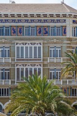 Historic Building Facade With Ornate Details in Valencia Spain. Traditional Spanish Architecture, Decorative Tiles, Balconies, Residential Building
