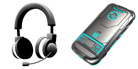 PNG Modern headphones and a futuristic mobile device arranged in a collage.
