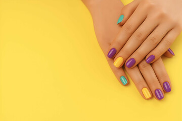 Fototapeta premium Colorful manicure with purple, yellow and turquoise nails on hands over yellow background