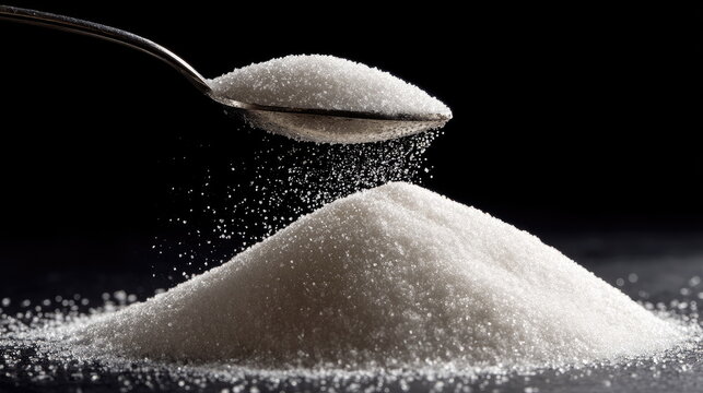 Close-up view of sugar being poured from a spoon onto a mound of granulated sugar against a dark background Generative AI
