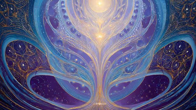 visual for yoga retreat | sacred dreamtime | healing revelation | iridescent violet and gold | vertical transcendence | etheric flame forms | sacred symmetry mapping | layered symbolic rendering |