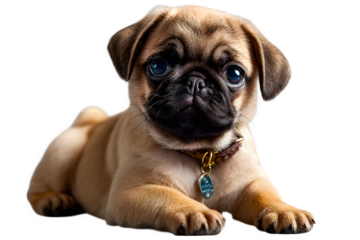 Pug puppy sitting sideways with wrinkled face and curled tail, isolated on transparent background --ar 3:2 --v 7.0 --p 537mr6h --s 250