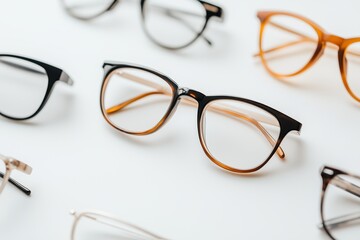 Fototapeta premium Collection of stylish eyeglasses in various frame colors on white background
