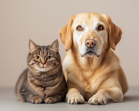 featuring a calm golden Labrador Retriever dog and a tabby cat lying side-by-side, - Powered by Adobe