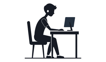 Dark Silhouette Man Working at Computer on Desk with Chair, Isolated on White