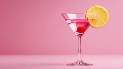 Elegant cocktail in a martini glass with a pink hue, garnished with a cherry and lemon slice against a vibrant pink backdrop. Cheers!