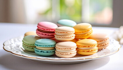 Fototapeta premium French macaroon on plate. Sweet food. Tasty cookie.