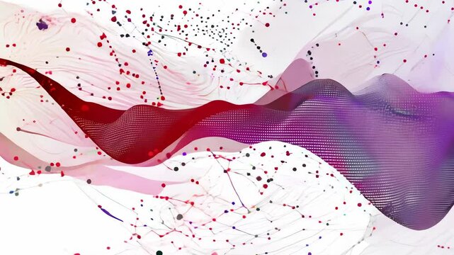 Red and purple abstract wave with small dots and lines on white background in modern style