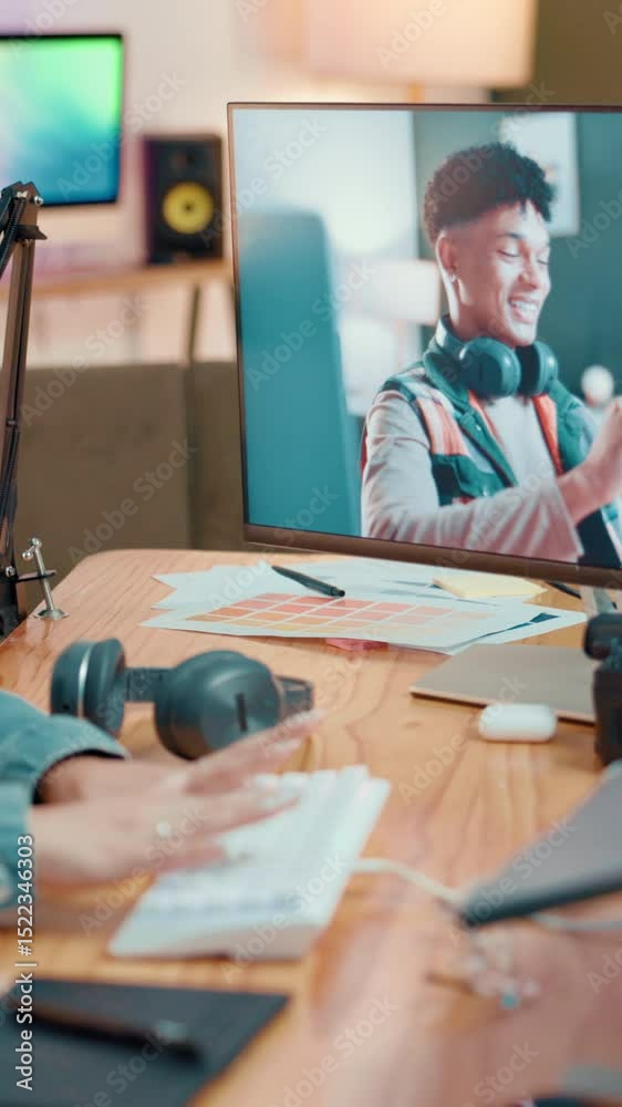 Poster Computer, content creation and video editing with website, hands and creative on software or online. Media production, influencer and person with tech for process, screen and consistency for vlog