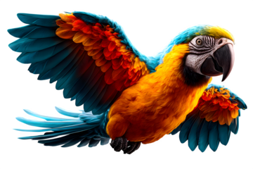 Realistic parrot in mid-flight, wings fully spread, side angle view, detailed feathers and tail, isolated on transparent background --ar 3:2 --v 7.0 --p 537mr6h --s 250
