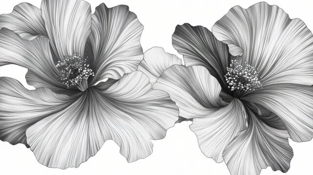 Elegant black and white sketch of two large blooming flowers on white background with fine lines