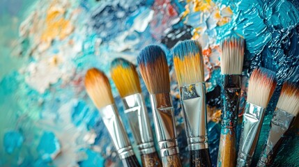 Obraz premium Colorful Paintbrushes on Vibrant Oil Painting Palette Background