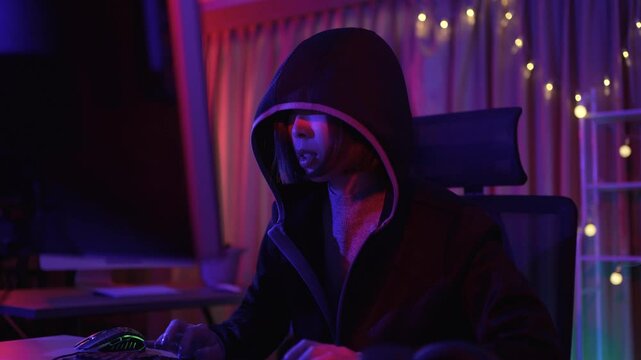 Hacker is working with computer. Cyber security, Technology.