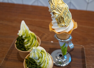 Traditional Japanese gold leaf and matcha ice cream in Kanazawa