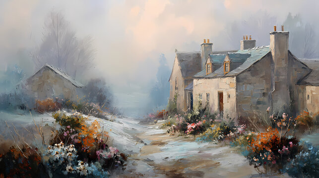 poster for holiday event | peaceful resilience | holiday joy | frosty winter hues | foreground floral framing | cobblestone cottages | foggy background diffusion | soft tonal glazing | quiet