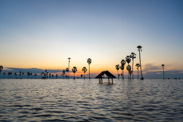 Small hut on Lake Tempe at sunset, Sulawesi, Indonesia