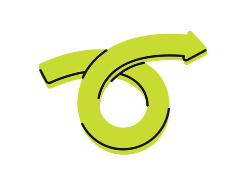 Arrow in loop motion, showing return, refresh and restart. Curved twisted circular shape, pointer for cycle, rotation, redo and turning action. Flat vector illustration isolated on white background