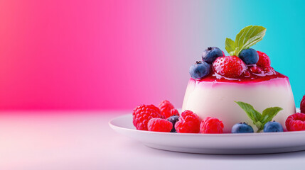 Delicious panna cotta topped with fresh berries and mint, creating vibrant dessert experience
