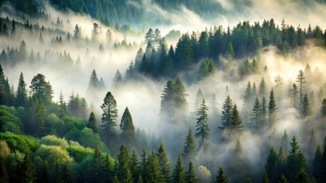 A serene landscape with a dense forest covered in mist and fog