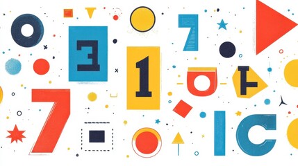 Colorful Graphic Composition with Numbers and Shapes on White Background