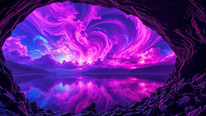 A surreal cave opening to a vast lake reflecting vibrant, colorful cosmic clouds swirling in the sky. 