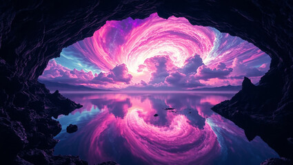 A surreal cave opening to a vast lake reflecting vibrant, colorful cosmic clouds swirling in the sky. 