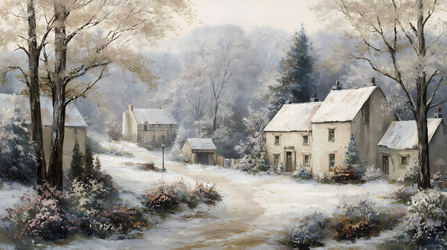 poster for holiday event | peaceful resilience | holiday joy | frosty winter hues | foreground floral framing | cobblestone cottages | foggy background diffusion | soft tonal glazing | quiet