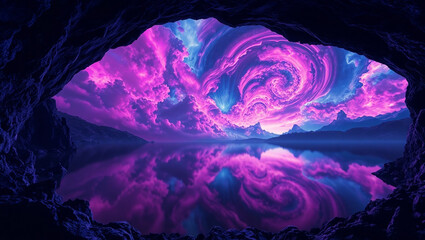 A surreal cave opening to a vast lake reflecting vibrant, colorful cosmic clouds swirling in the sky. 