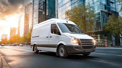 White delivery van speeding through a cityscape at sunset, symbolizing swift service and urban transport. Modern and efficient delivery services.