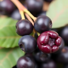 Fototapeta premium Dark berries cluster with red split fruit on branch