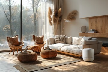 Enhance your smart home lifestyle with an ai-controlled air purifier in a cozy living room future tech meets comfort