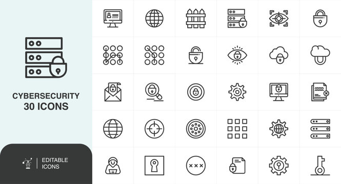 Cybersecurity Interface Icons Set, Security Line Icons Set &ndash; Data Protection, Internet Safety, Firewall, Encryption Symbols