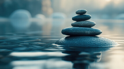 Stacked stones balanced on a calm water surface at dawn creating a tranquil atmosphere in nature Generative AI