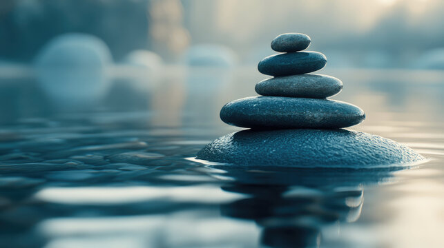 Stacked stones balanced on a calm water surface at dawn creating a tranquil atmosphere in nature Generative AI
