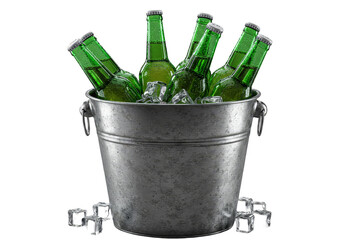 Isolated Transparent Background of Cold Beer Bottles in Ice Bucket