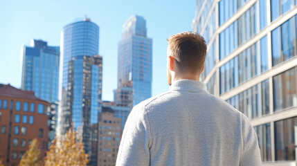 Naklejka na ściany i meble Man stands in cityscape, gazing at modern skyscrapers under clear blue sky, reflecting ambition and opportunity