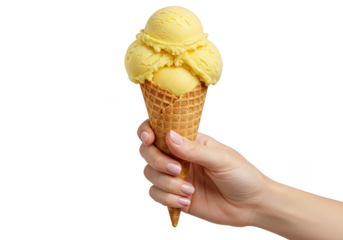 Isolated Transparent Background of Hand Holding Delicious Yellow Ice Cream