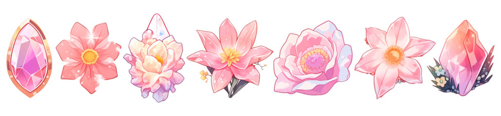 Set of 7 fantasy crystal flowers and gemstones in watercolor graphic illustration style, isolated on a transparent background. Pink color tone.