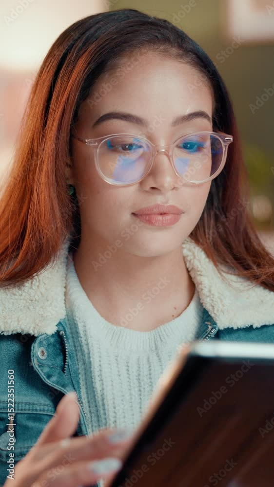 Poster happy, creative and woman with tablet, office and influencer with tech for video editing and online.