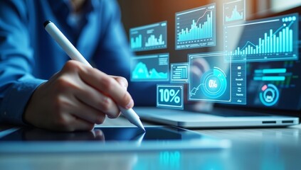 An analyst uses Data analytics automated with AI technology. Dashboard report, operations charts and KPI insights. Big Data technology, Business analysis and artificial intelligence automation.