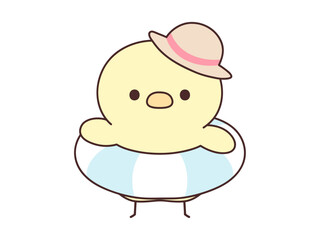 麦わら帽子と浮き輪を装備して海水浴を楽しむ準備万端なひよこのイラスト © Nitomaru