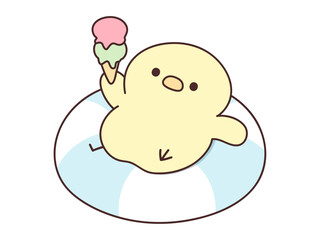 2段アイスを持ちながら浮き輪に寝そべる可愛いひよこのイラスト
