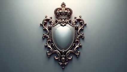 Silver Ornamental Crest with Crown and Wings on Elegant Blue Background