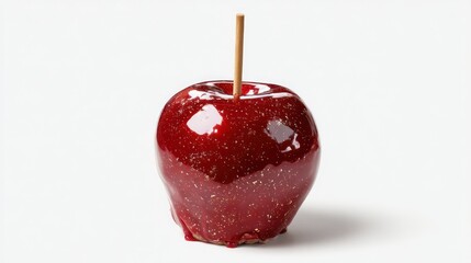 A colorful candy apple dipped in glossy red coating standing upright with a wooden stick in a festive kitchen setting