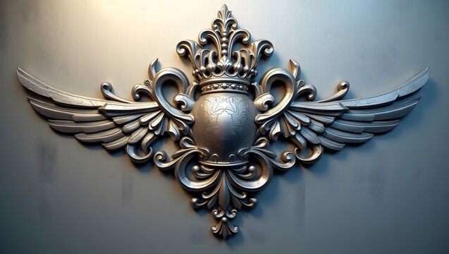 Silver Ornamental Crest with Crown and Wings on Elegant Blue Background - Powered by Adobe