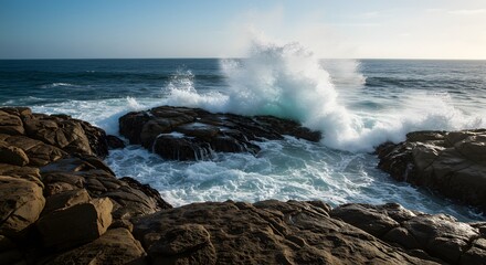 Obraz premium Ocean Waves Crashing Against Rocky Coastline Dramatic Coastal Scene
