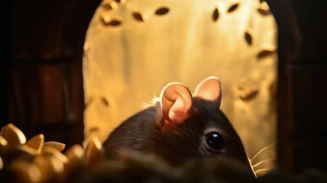 Mouse in Hole with Food: A cute mouse hiding in the mouse hole, surround many seeds in a warm cozy light.