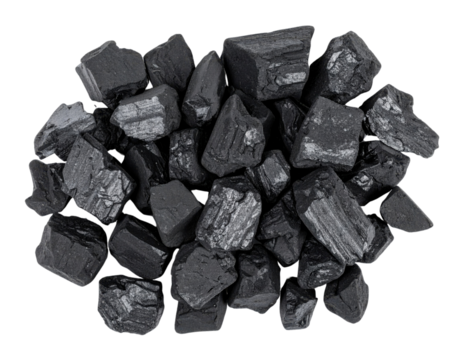 Shiny black coal chunks with rough, angular surfaces clustered together.