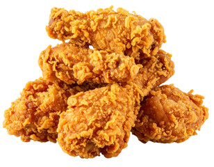 A pile of crispy golden fried chicken pieces stacked together.
